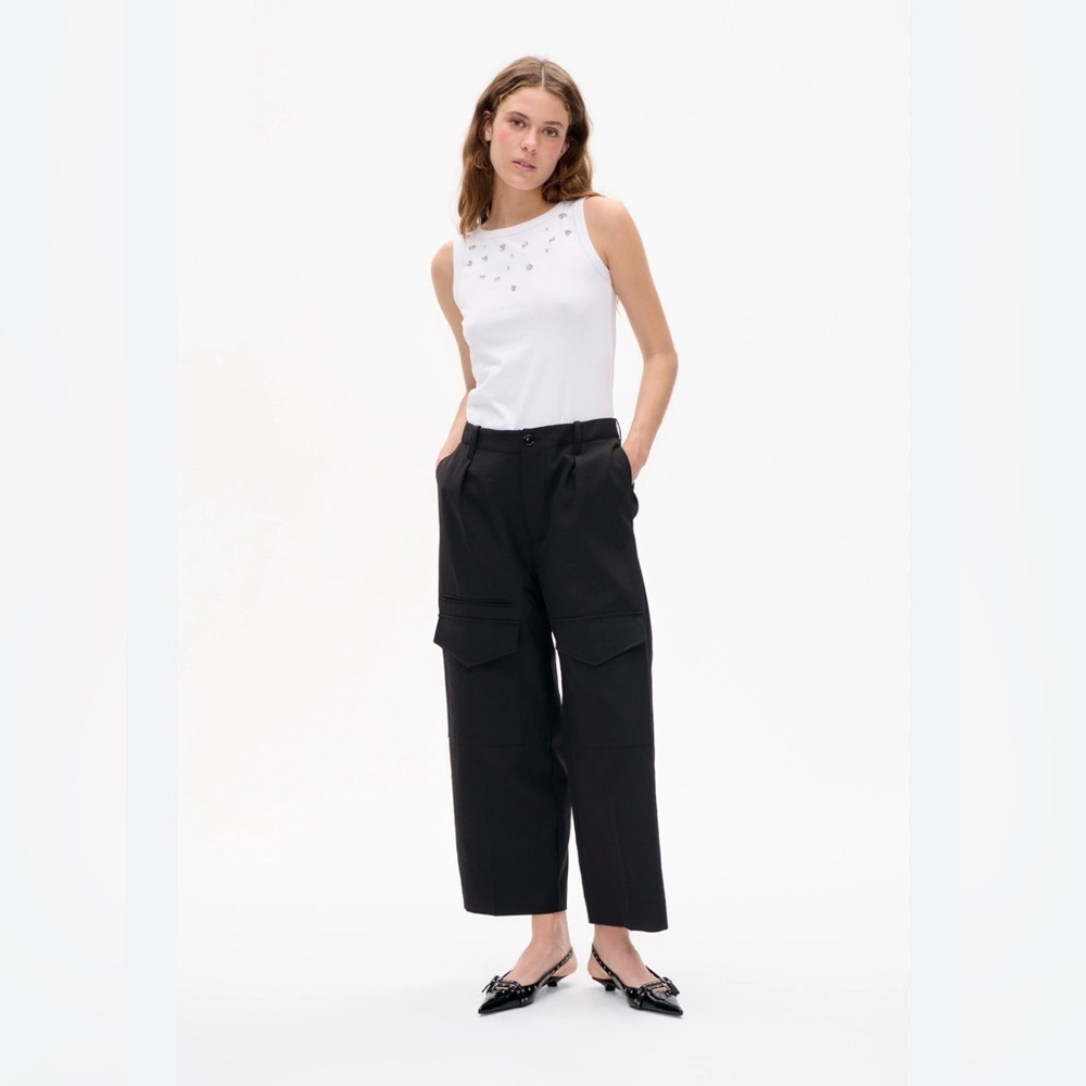 Neria black Cargo Pants High Waisted Twill Loose Straight Leg Utility - Picture 2 of 5
